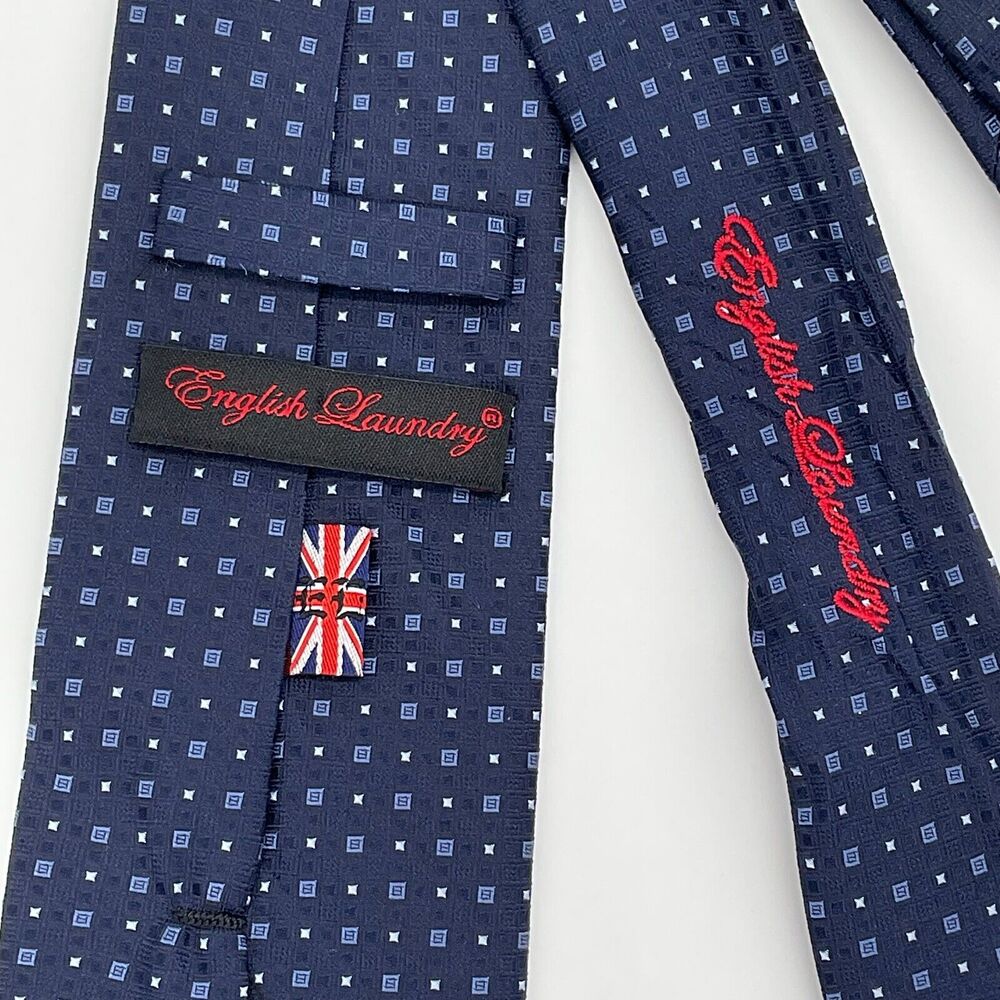 English Laundry Christopher Wicks 100% Silk Blue Squares Logo Neck Tie‎